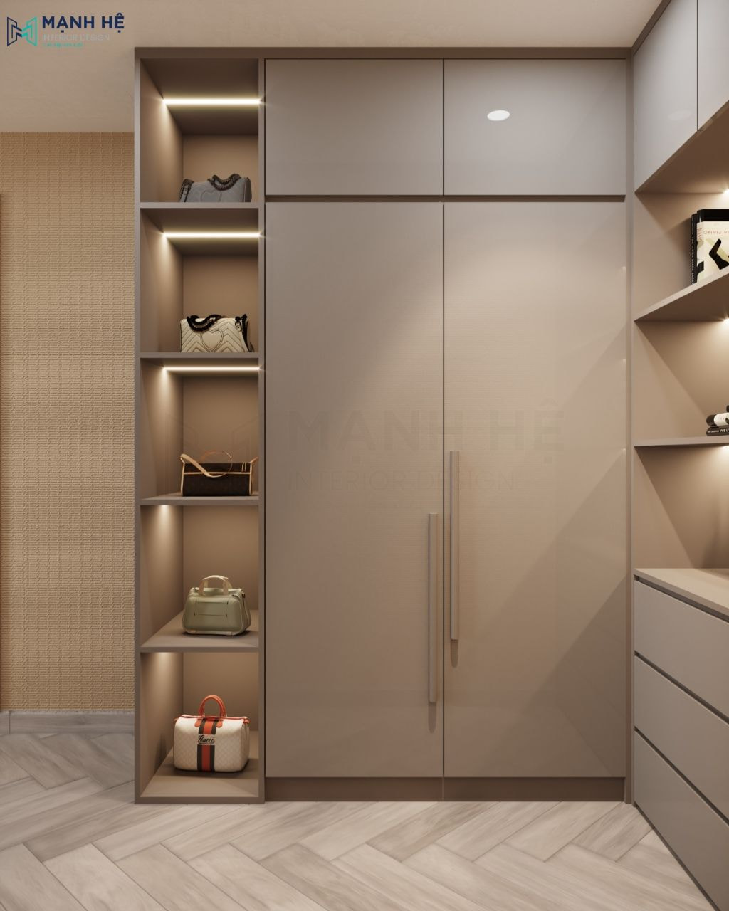 Sử dụng thiết kế cánh mở tiện nghi, kết hợp thêm kệ trang trí gắn led