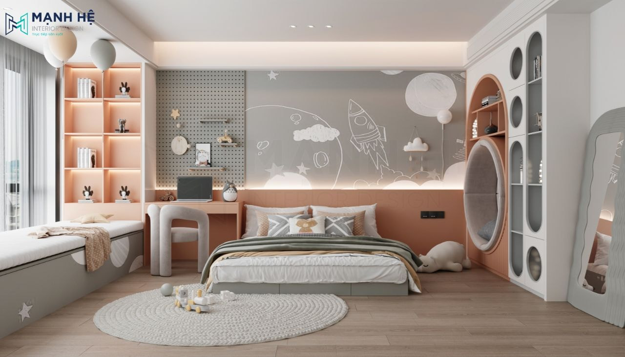 Phòng ngủ bé gái được phối 2 màu cam và xám pastel xinh xắn, nhẹ nhàng