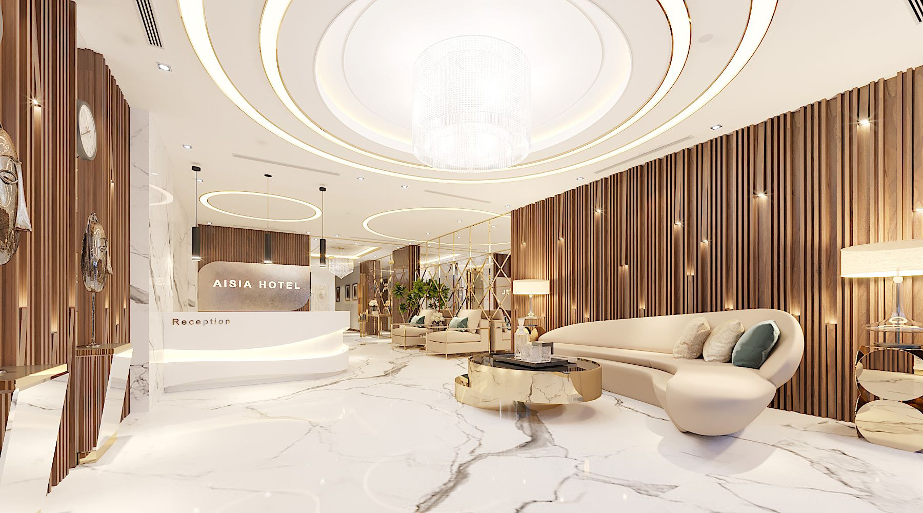 Thiết kế sảnh khách sạn phong cách hiện đại với lót sàn đá vân mây cao cấp