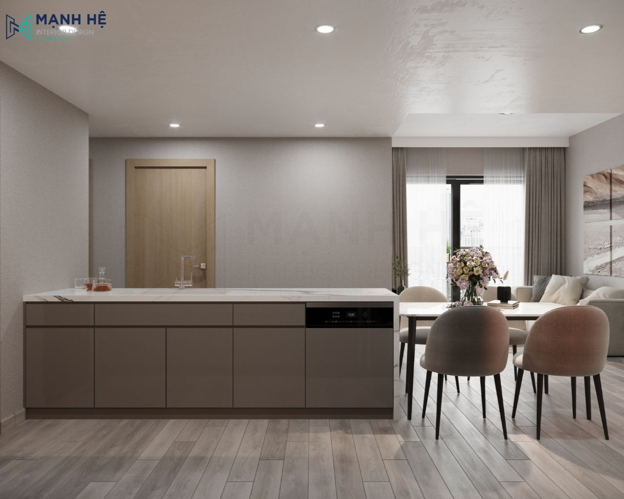 Bàn đảo bếp mặt đá rộng rãi nối liền bàn ăn