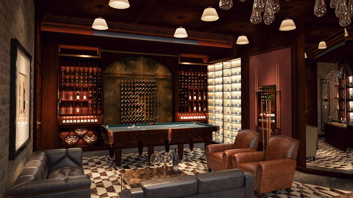 Thiết kế hầm rượu vừa làm phòng thư giãn với bàn bida và sofa, bàn trà