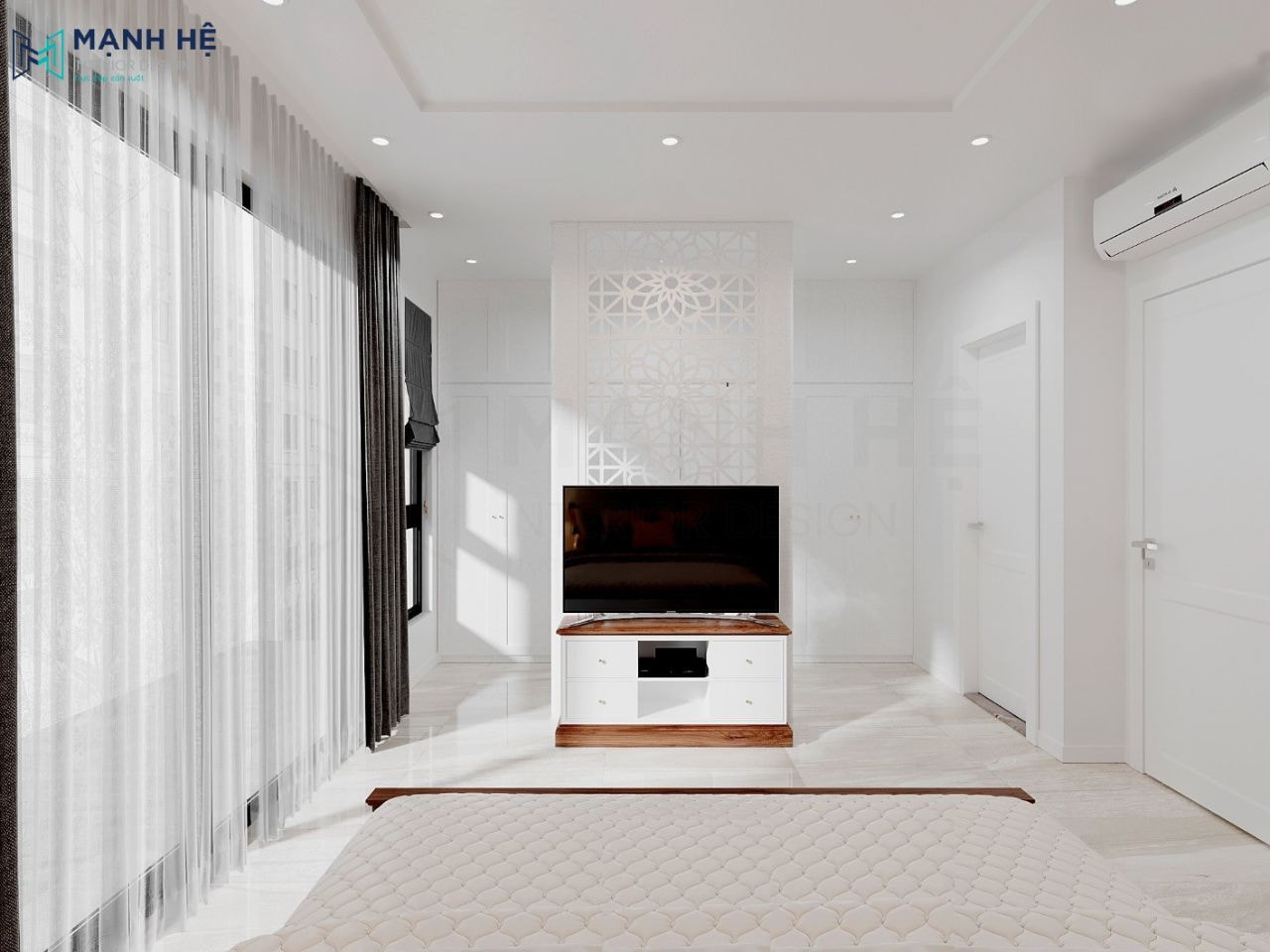 Sử dụng hệ tủ quần áo âm tường full trắng cho phòng ngủ này