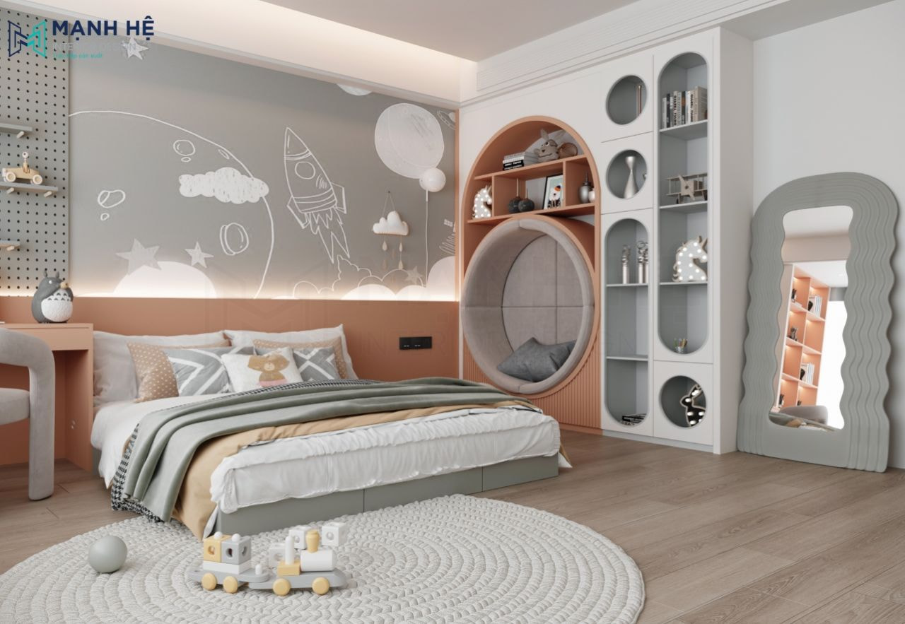 Điểm nhấn căn phòng đến từ các đường nét thiết kế hình học uốn cong mềm mại, chỉnh chu