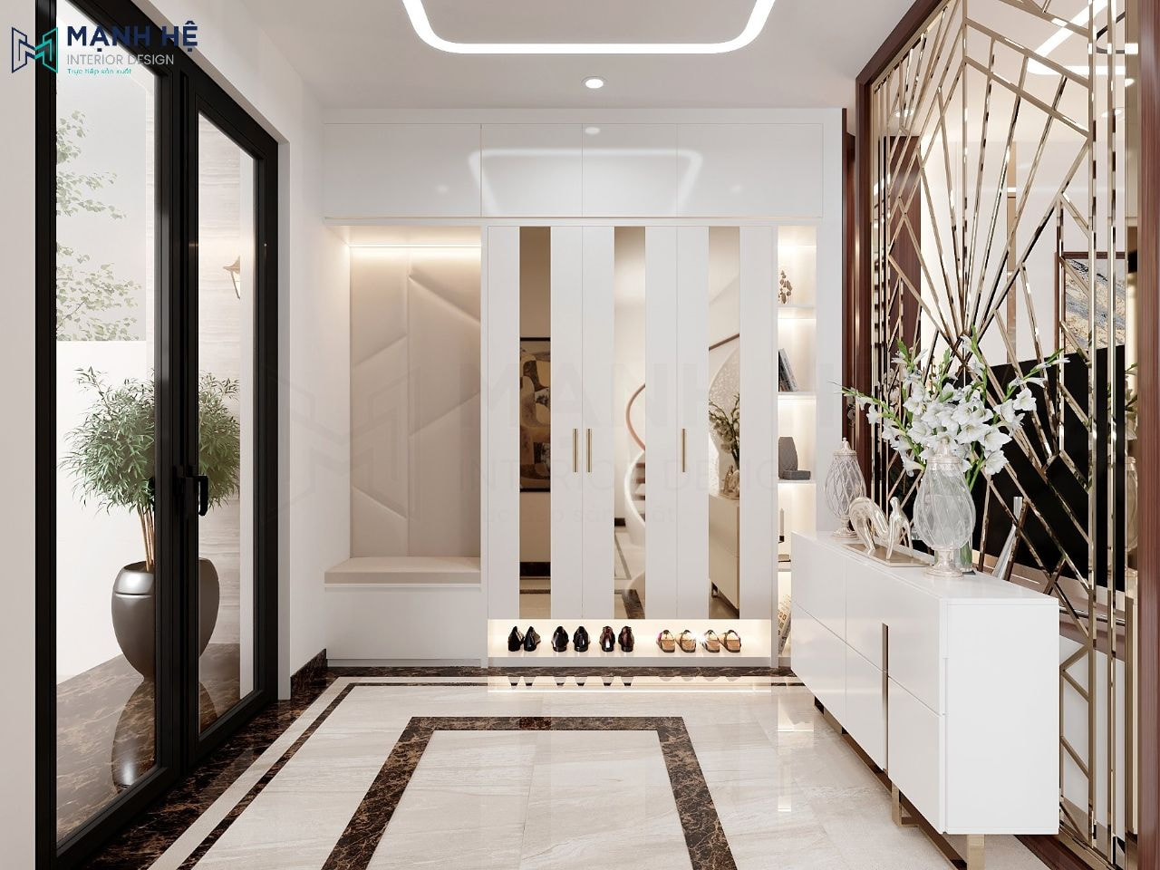 Bố trí tủ giày và ghế đôn ngồi thay giày trước cửa nhà