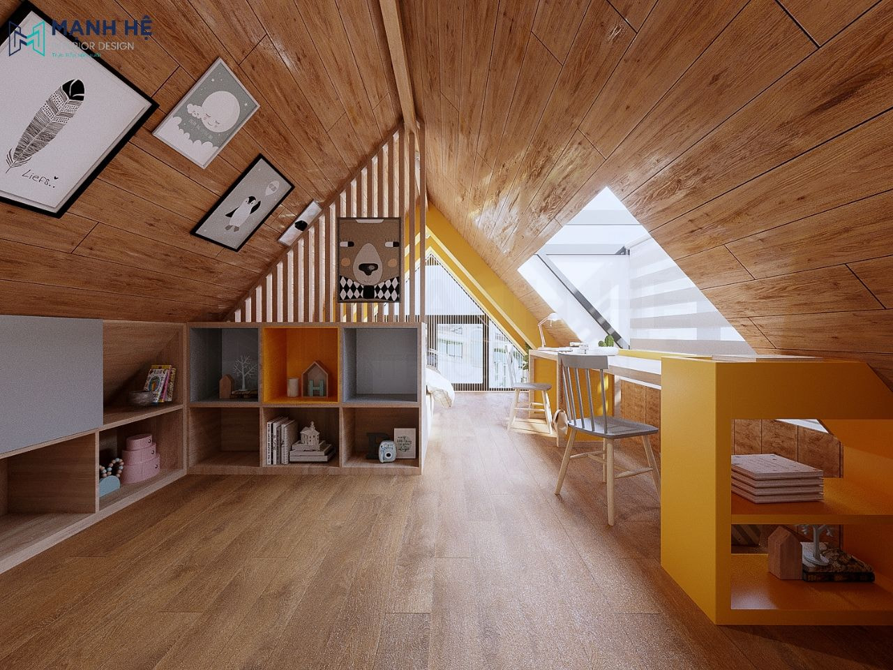 Phòng vẽ tranh của bé được bố trí ở tầng áp mái rất thú vị