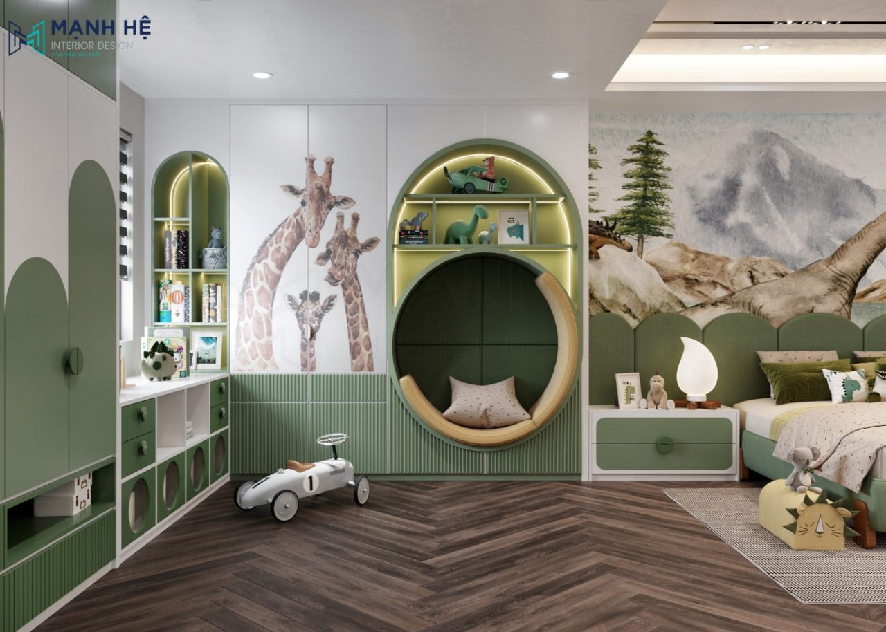 Thêm ghế đôn ngồi thư giãn cho bé được tích hợp vào tủ áo lớn