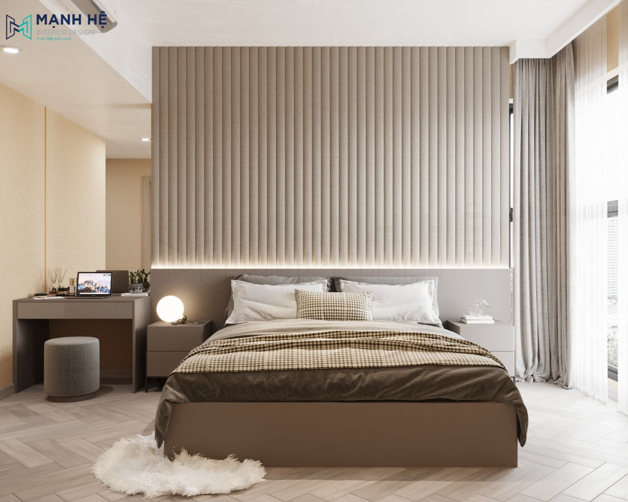 Phòng ngủ master rộng lớn với gam màu trung tính, nhẹ nhàng