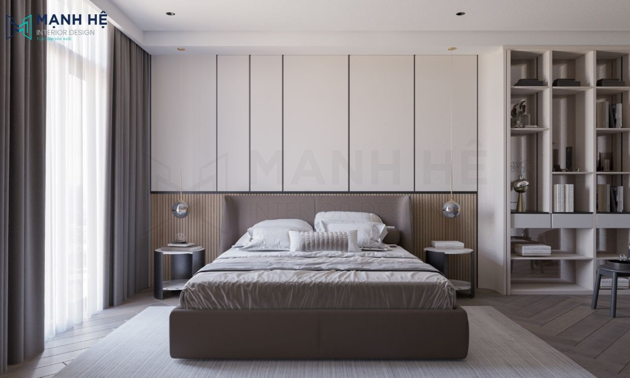 Nội thất phòng ngủ 03 chọn gam màu be sáng hơn đối lập với phòng ngủ 02