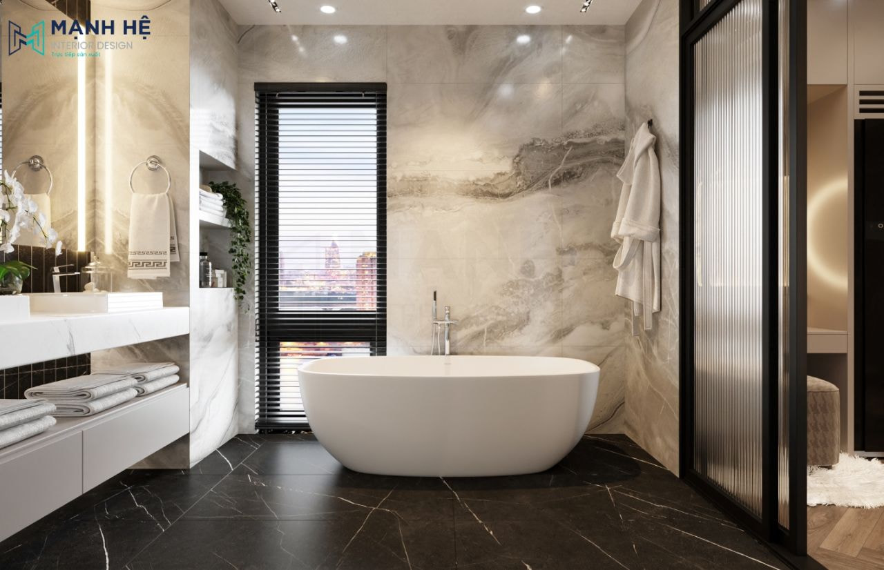 Thiết kế nội thất phòng ngủ master cao cấp với đá vân mây tự nhiên