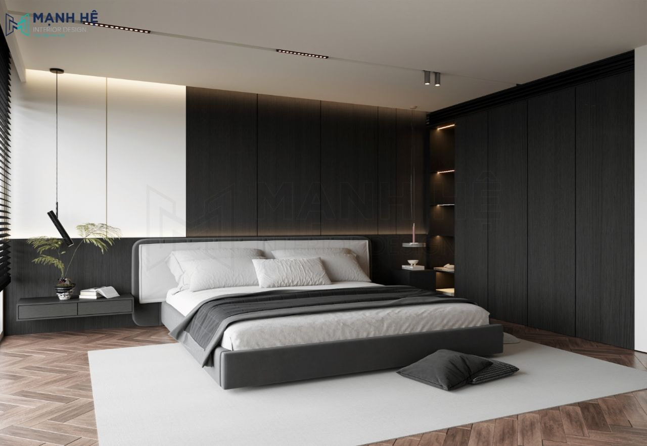 Vách tường đầu giường xen kẽ 2 màu trắng với nâu đen hài hòa 