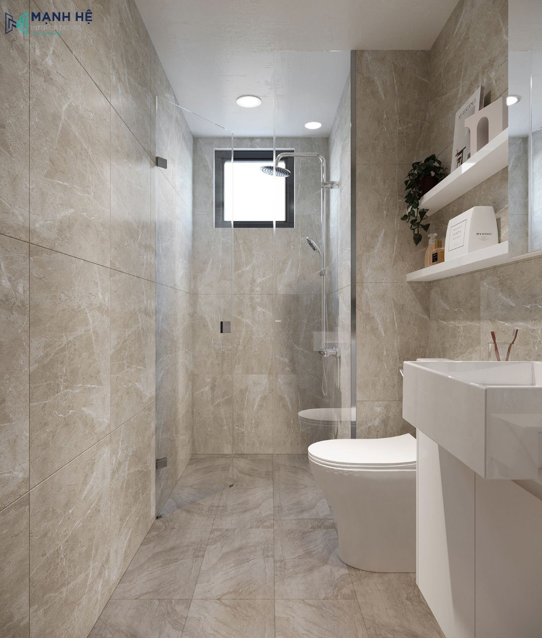 Phòng tắm đứng được ngăn cách với khu vực vệ sinh bằng cánh kính