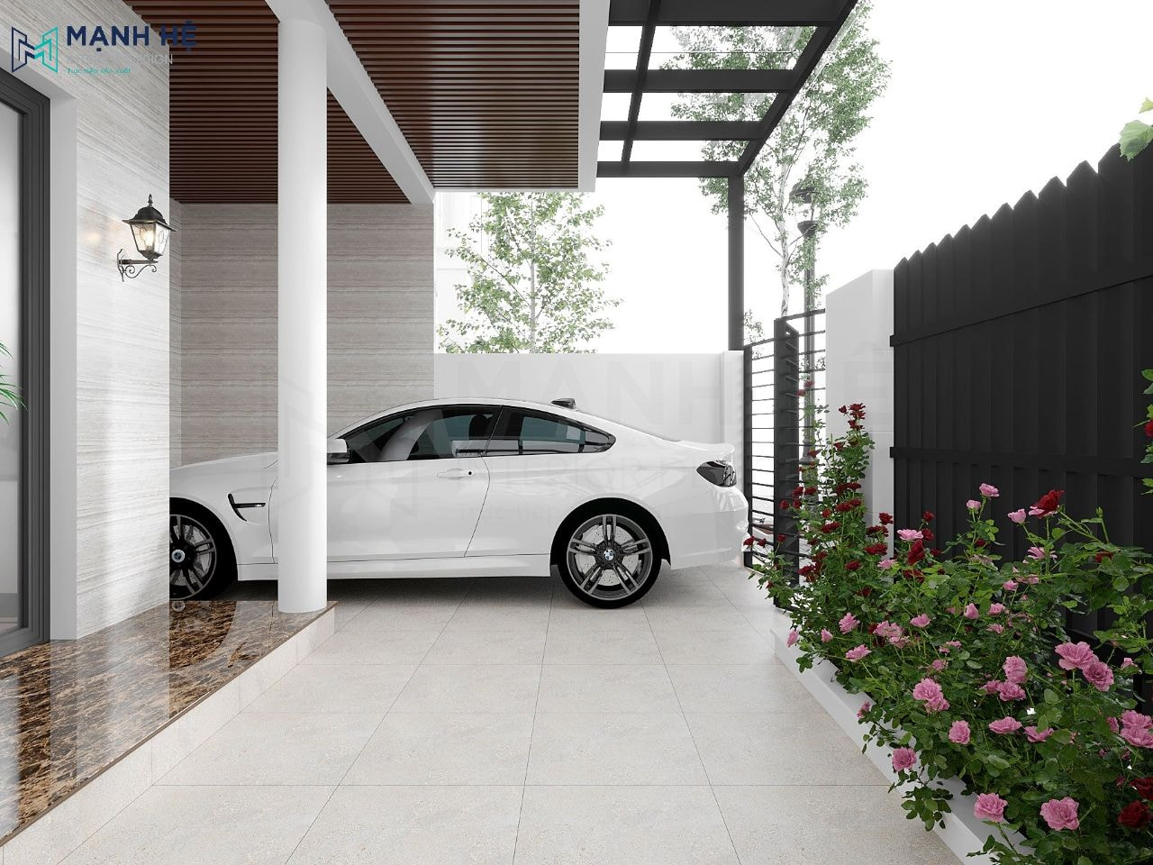 Sảnh trước nhà rộng rãi đủ để đậu ô tô của gia chủ