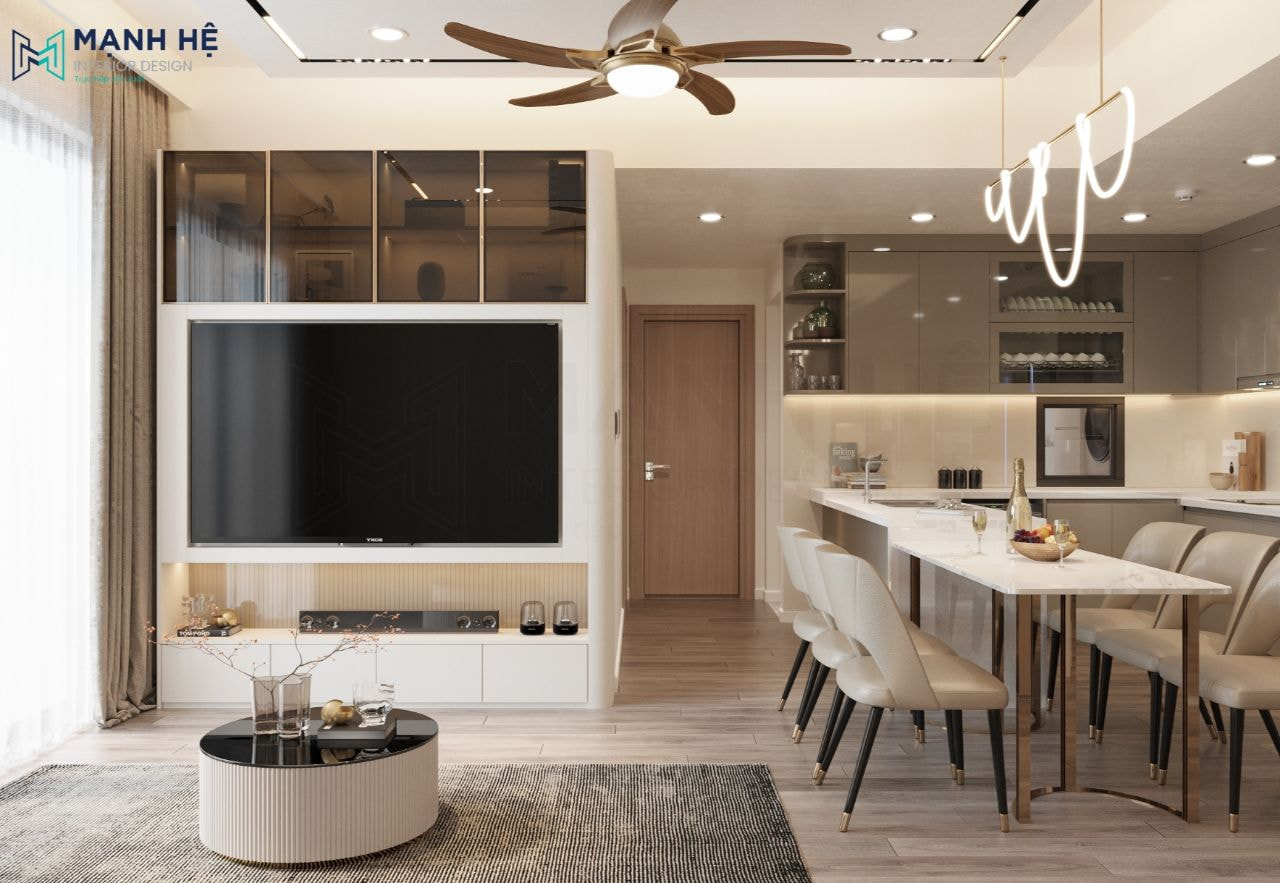 Kệ tủ tivi kết hợp tủ đựng đồ trang trí được thiết kế âm tường