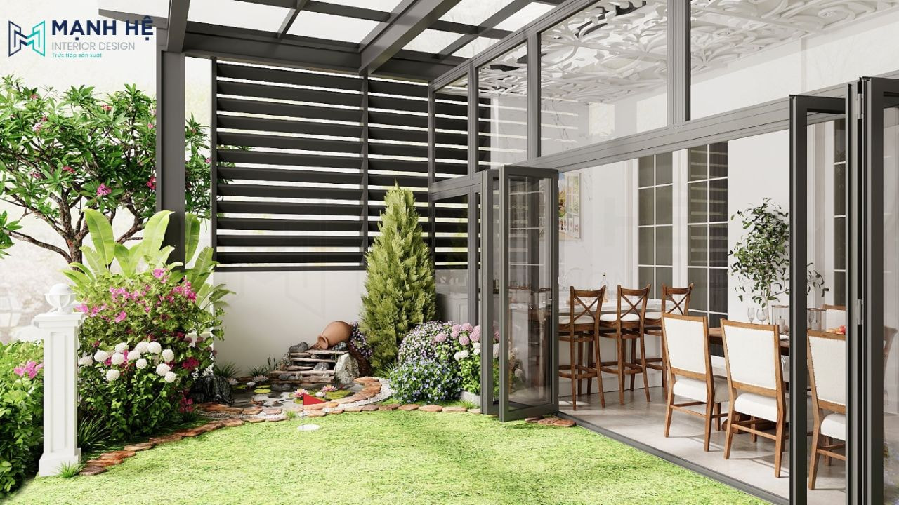 Bố trí tiểu cảnh ở bên trái sân vườn