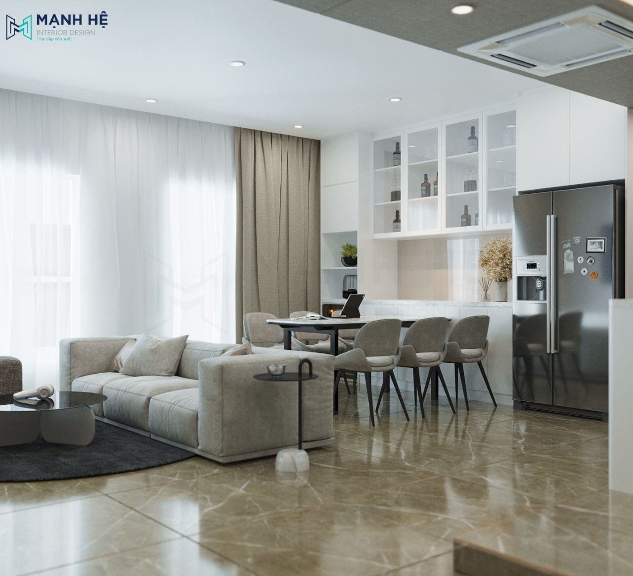 Trang trí phòng bếp đơn giản phía sau sofa