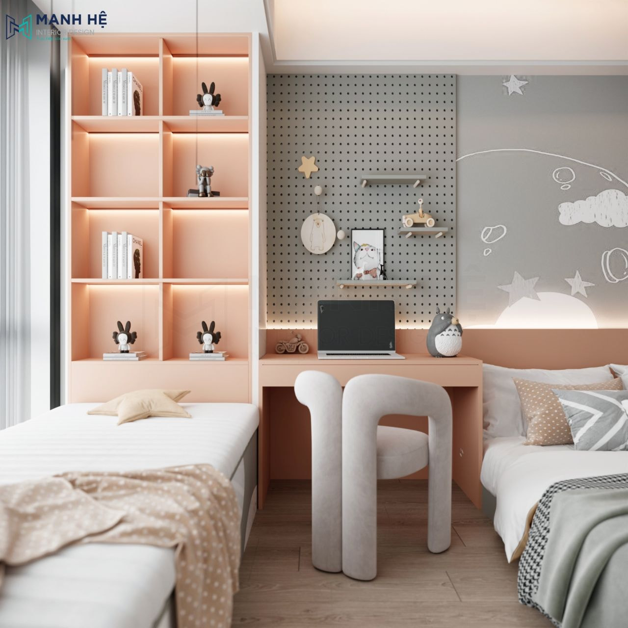 Bố trí tủ sách đứng gắn liền với bục ghế ngồi chữ I đặt cạnh cửa sổ