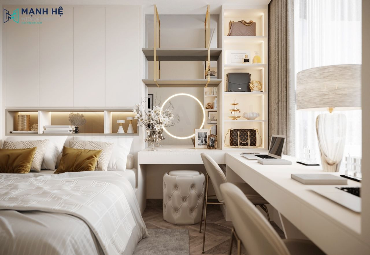 Bàn trang điểm gắn led với kệ để mỹ phẩm khung inox phía trên rất tiện nghi cho gia chủ nữ