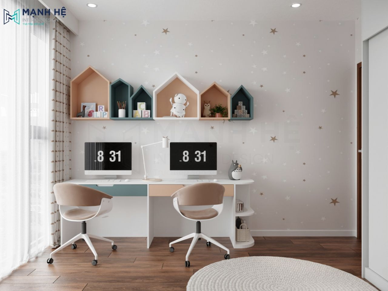 Bố trí bàn học đôi cho hai bé