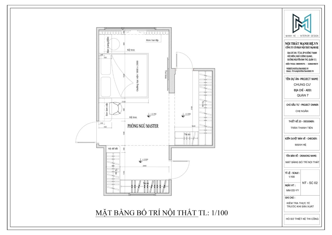 Bản vẽ bố trí mặt bằng phòng ngủ master do Mạnh Hệ thực hiện