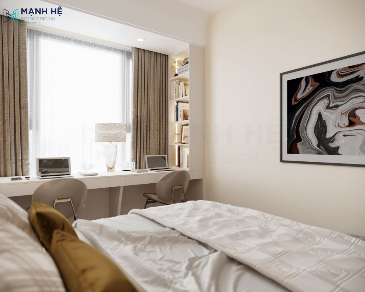 Bàn làm việc đặt cạnh cửa sổ để tiếp thêm năng lượng với kệ sách nhỏ bên hông