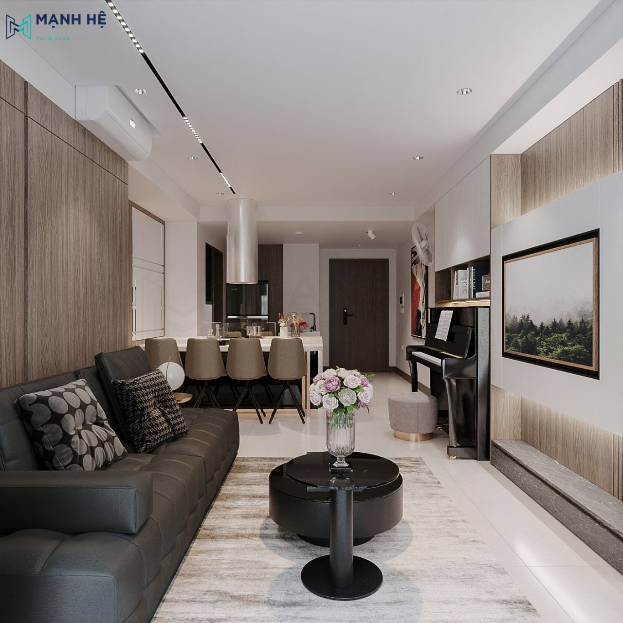 Thiết kế nội thất phòng khách với chất liệu gỗ công nghiệp phủ melamine