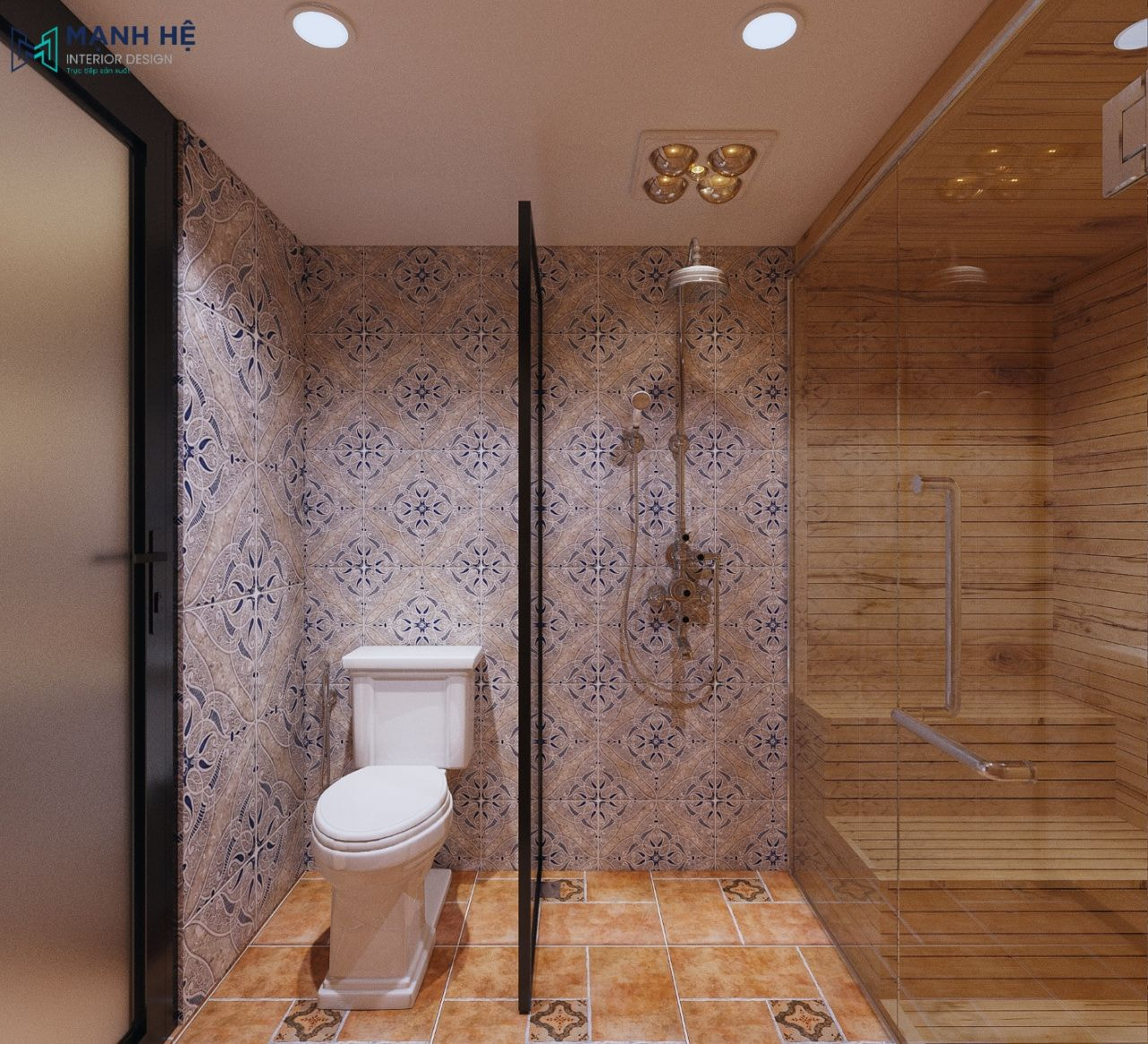 Thiết kế nội thất nhà vệ sinh toilet với gạch ốp hoa văn