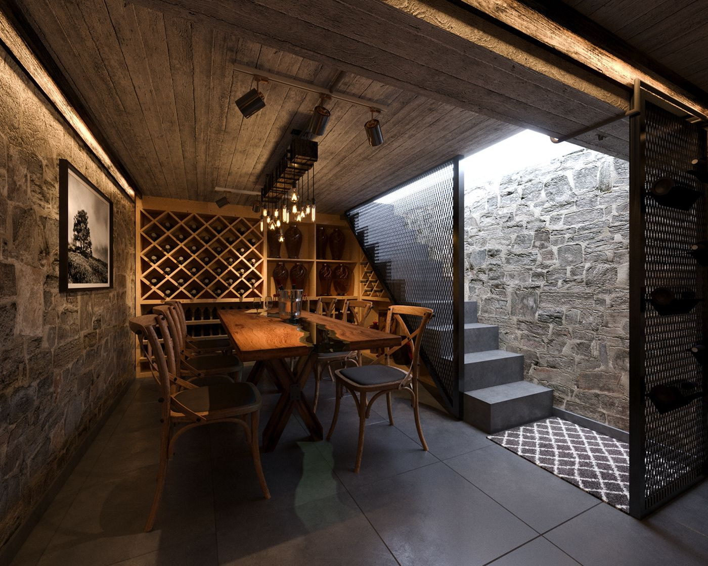 Thiết kế hầm rượu với cầu thang di chuyển lên xuống đặt ngoài trời cũng là một ý tưởng hay