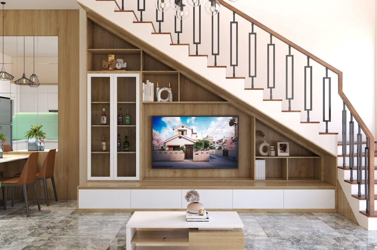 Kệ tivi gầm cầu thang đẹp từ gỗ công nghiệp phủ melamine