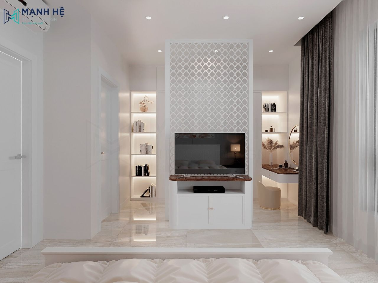 Vách ngăn tích hợp vào kệ tủ tivi để chia tách với khu vực tủ quần áo và phòng thay đồ
