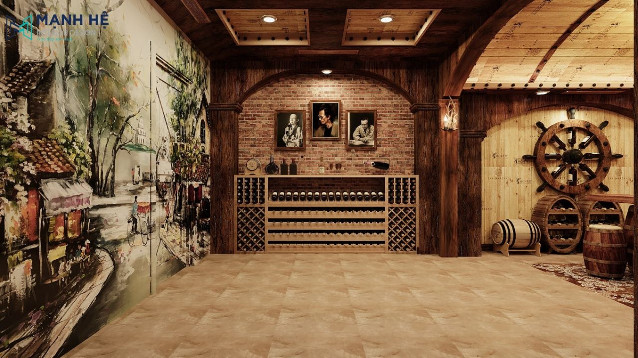 Các kệ rượu được làm từ gỗ tự nhiên chắc chắn, tăng sự đẳng cấp của gia chủ