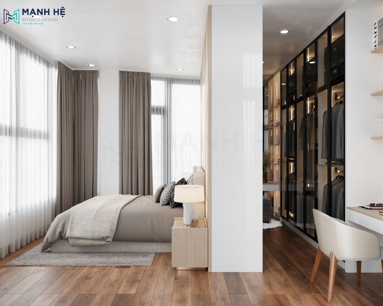 Vách tường đầu giường phân chia khu vực ngủ và khu vực thay đồ