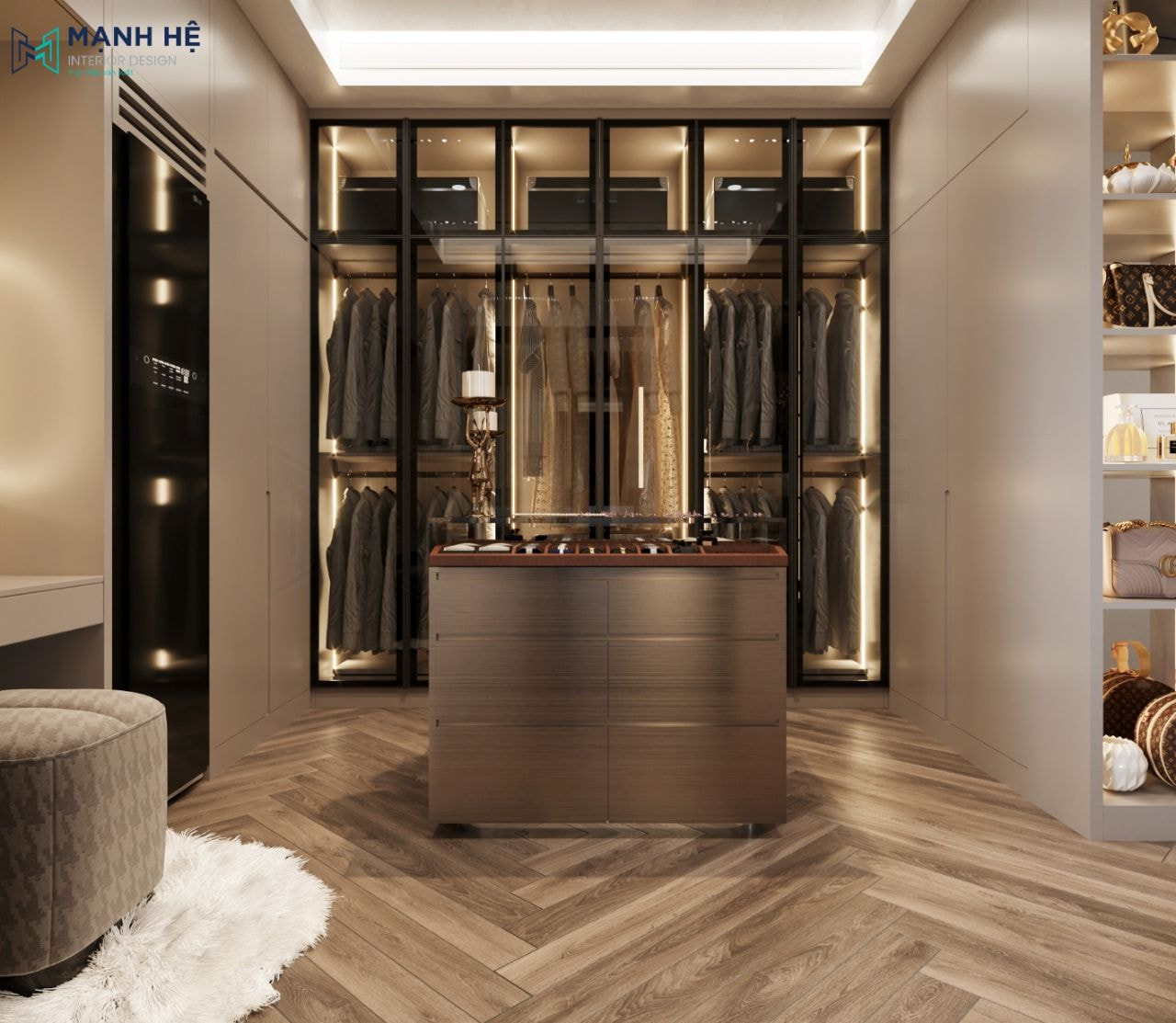 Nối liền phòng làm việc là phòng thay đồ sang trọng với hệ tủ áo cánh kính