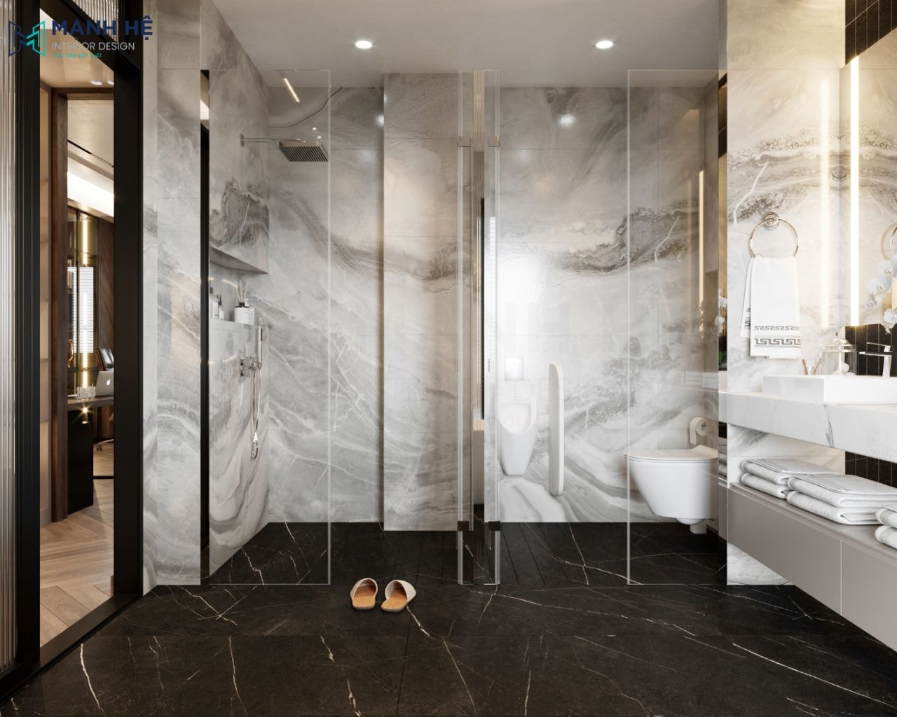Sử dụng cả 2 không gian phòng tắm đứng và phòng vệ sinh với chất liệu kính