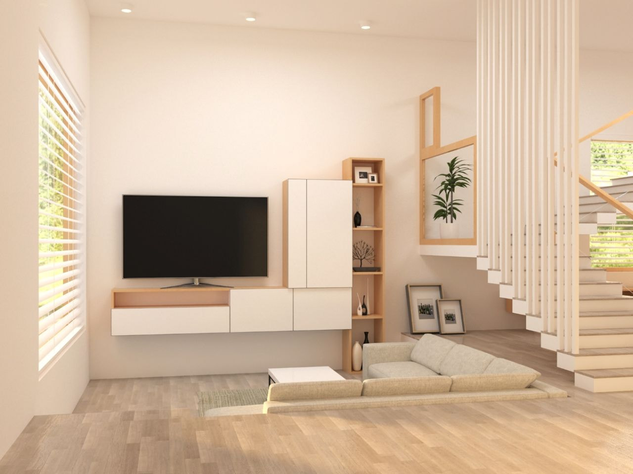 Vách ngăn cầu thang tam cấp bằng gỗ công nghiệp chắc chắn