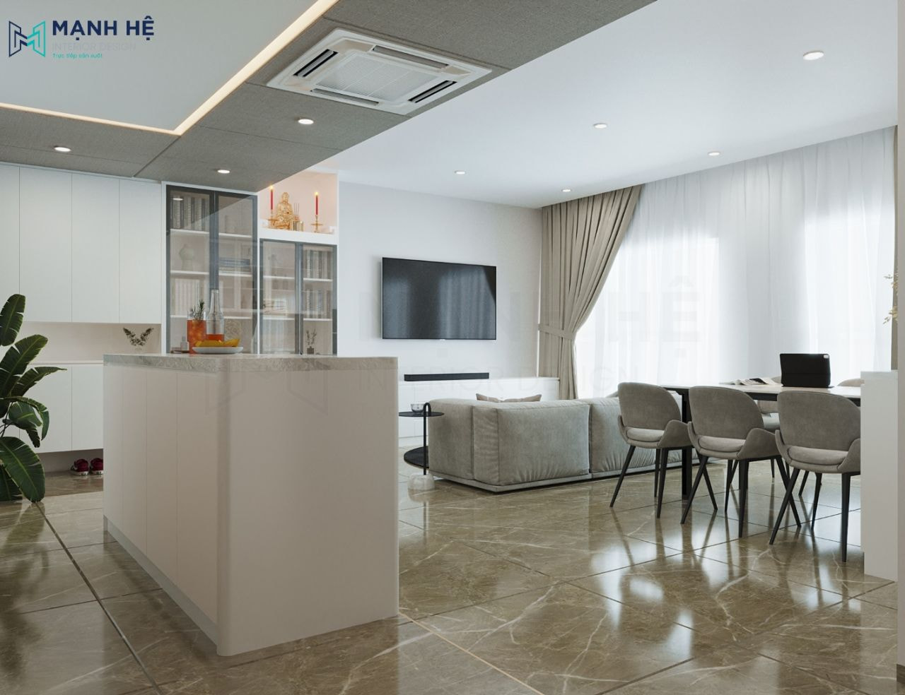 Do diện tích tương đối hạn chế nên gia chủ chọn bố trí phòng bếp liền kề phòng khách