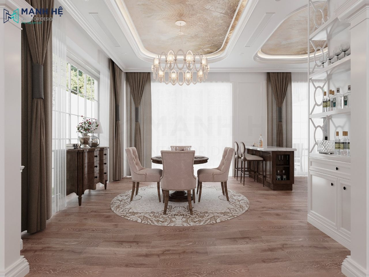 Bàn ăn 4 ghế kết hợp thảm lót tinh tế đặt gần khu vực phòng bếp