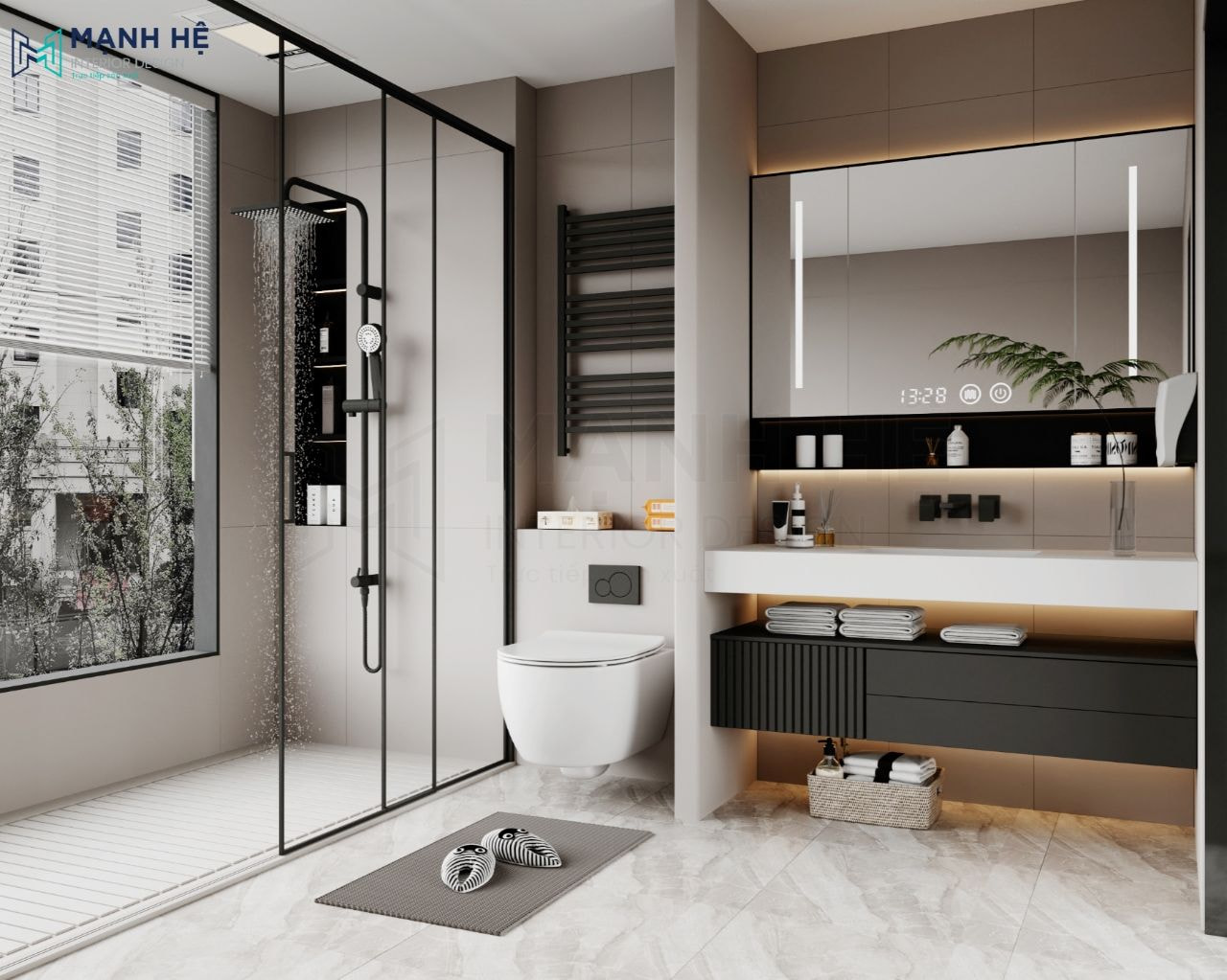 Phòng tắm được ngăn cách khu vực vệ sinh bằng vách kính