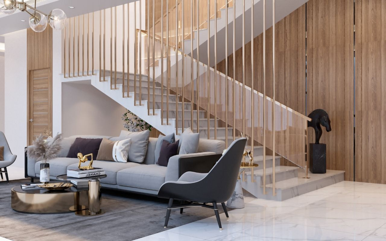 Vách ngăn cầu thang tam cấp từ inox mạ vàng sang trọng