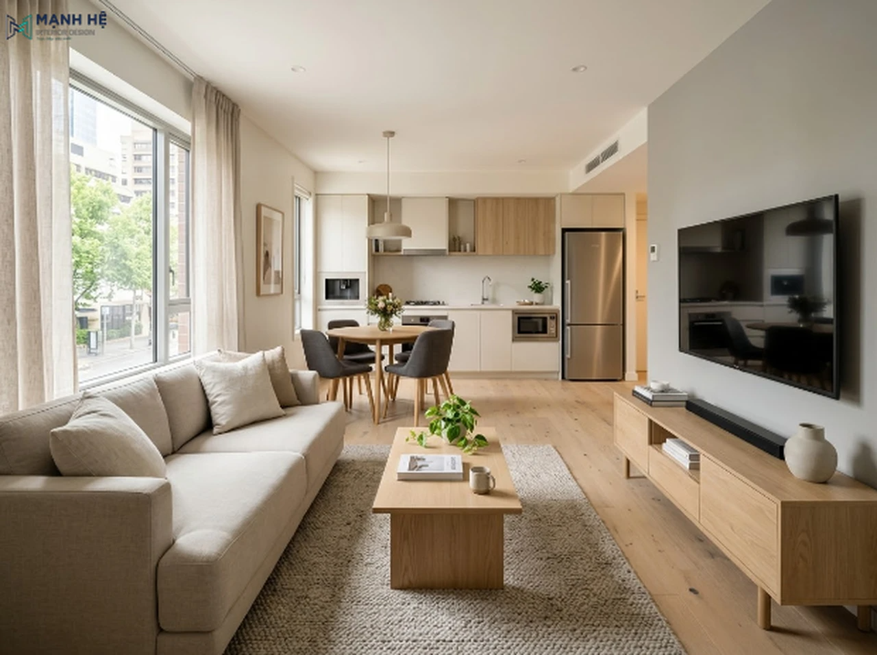 phòng khách liền bếp hiện đại với sofa màu kem và nội thất gỗ sáng màu