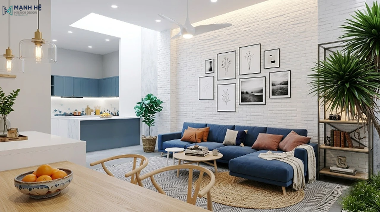 phòng khách hiện đại với sofa màu xanh dương và vách tường gạch thẻ màu trắng