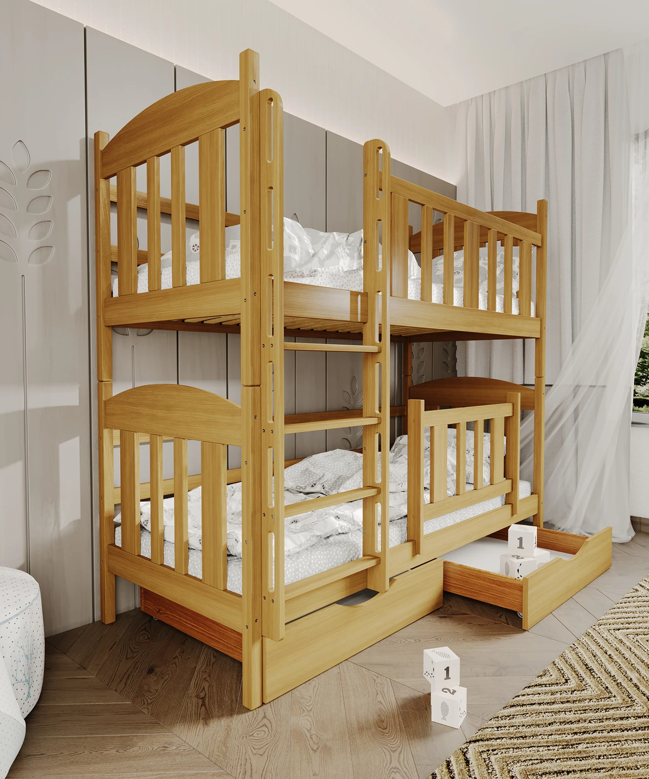 Giường tầng gỗ tự nhiên với bề mặt vân gỗ cùng màu sắc độc đáo và ấm cúng