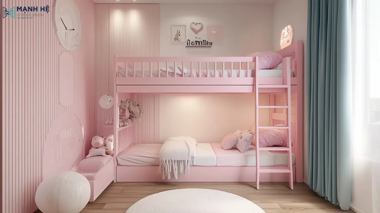 Mẫu giường 2 tầng bằng gỗ công nghiệp cho bé gái yêu thích gam màu hồng nhạt, nhẹ nhàng, nữ tính