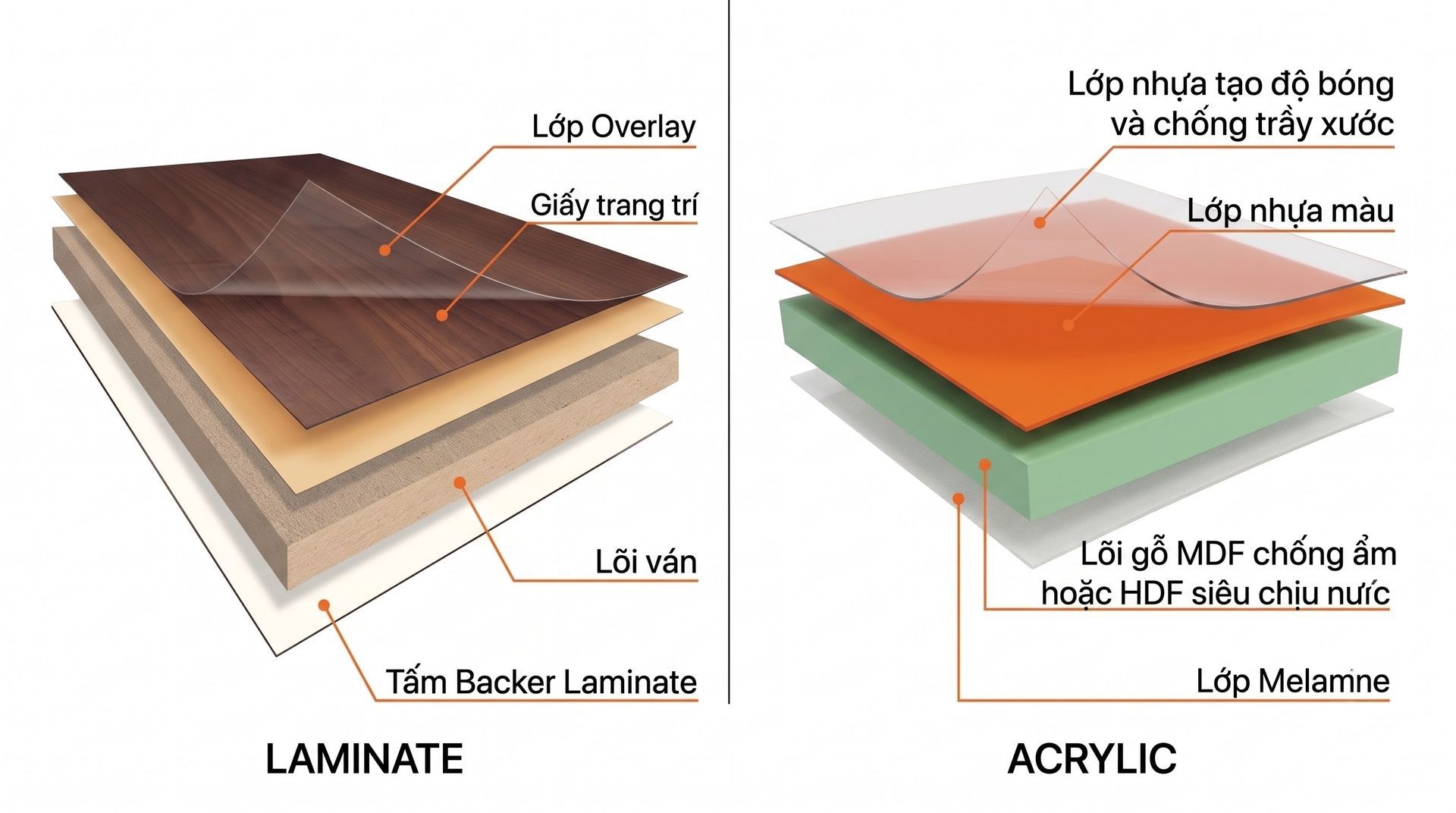 So sánh giữa 2 chất liệu Laminate và Acrylic