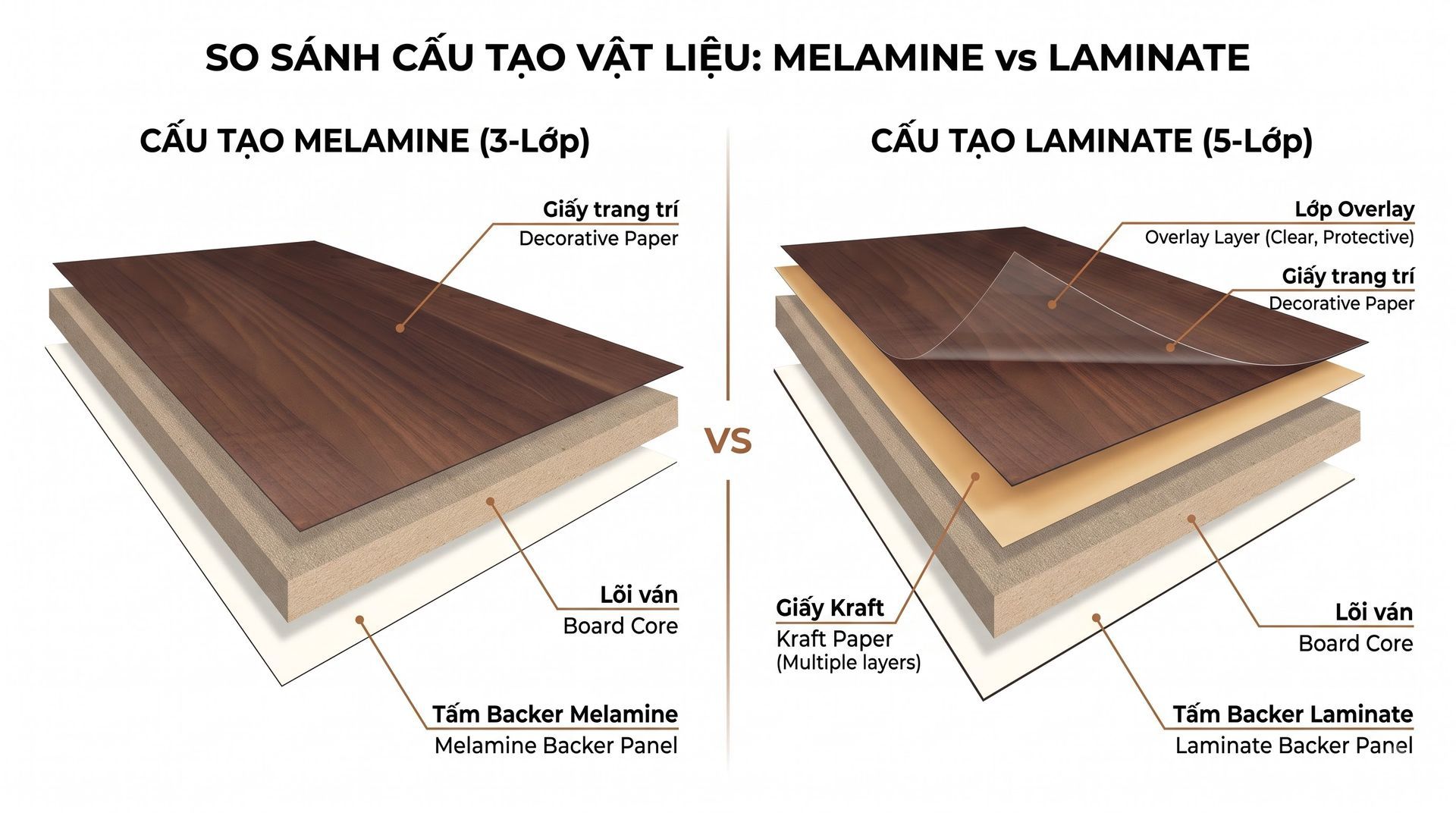 So sánh gỗ phủ Melamine và Laminate về cấu tạo các lớp