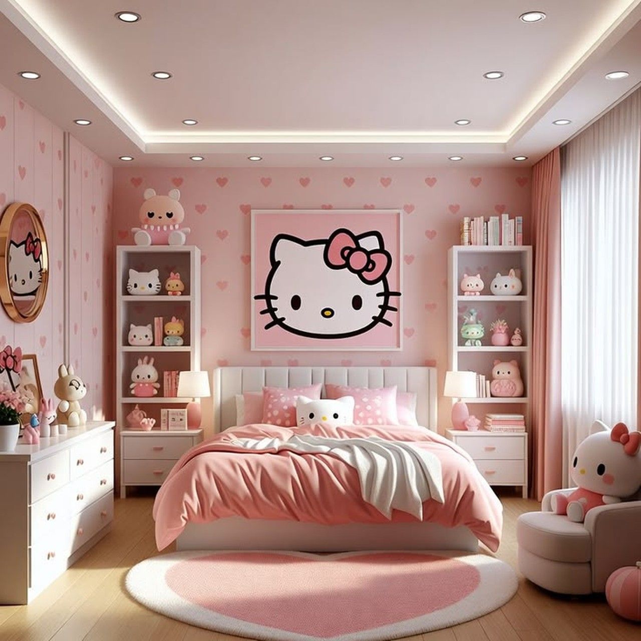Mẫu phòng ngủ công chúa chủ đề Hello Kitty với tông hồng chủ đạo tạo không gian đáng yêu cho bé gái