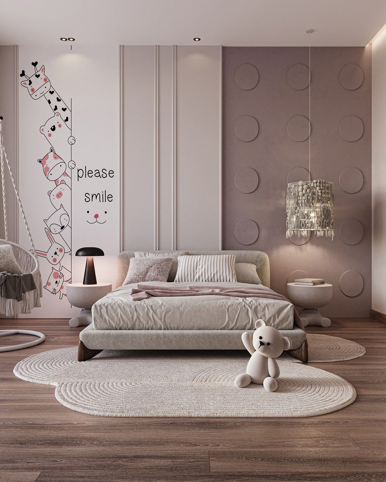 Mẫu phòng ngủ công chúa màu tím pastel hiện đại với vách ốp đầu giường độc đáo và hình dán tường ngộ nghĩnh cho bé.