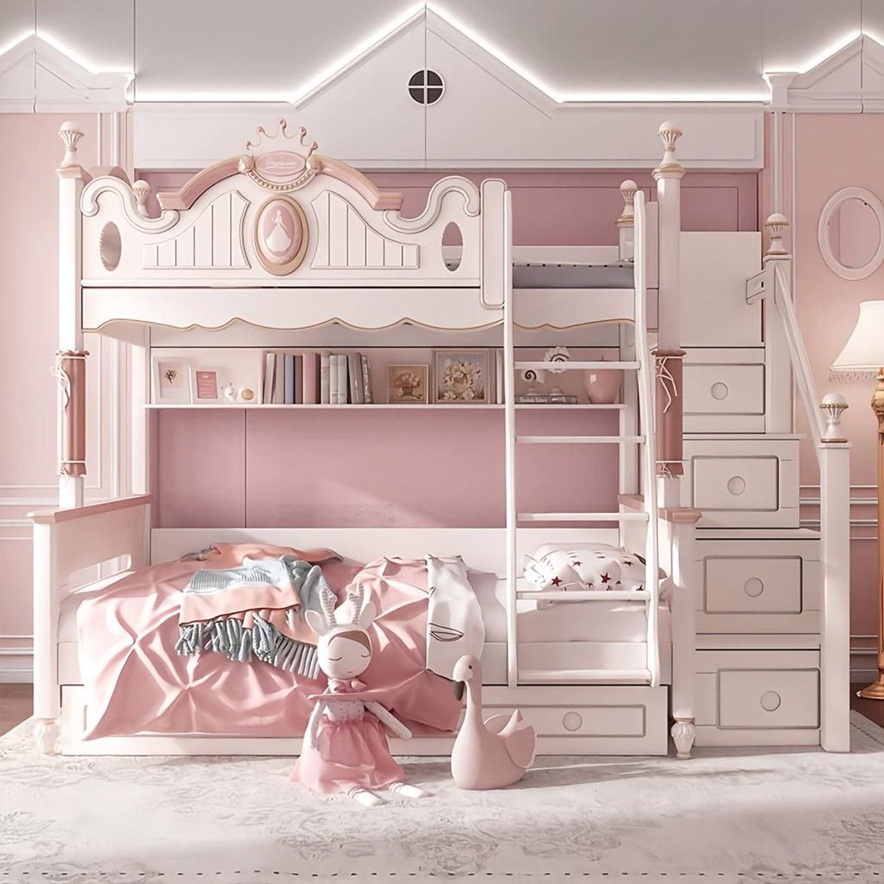 Thiết kế giường tầng công chúa màu hồng trắng ngọt ngào giúp tối ưu diện tích và tạo không gian vui chơi thú vị cho bé.