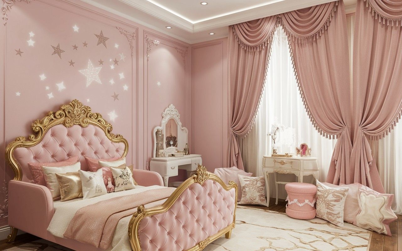 Trang trí phòng ngủ công chúa với các chi tiết kim loại mạ vàng rực rỡ và sang trọng.