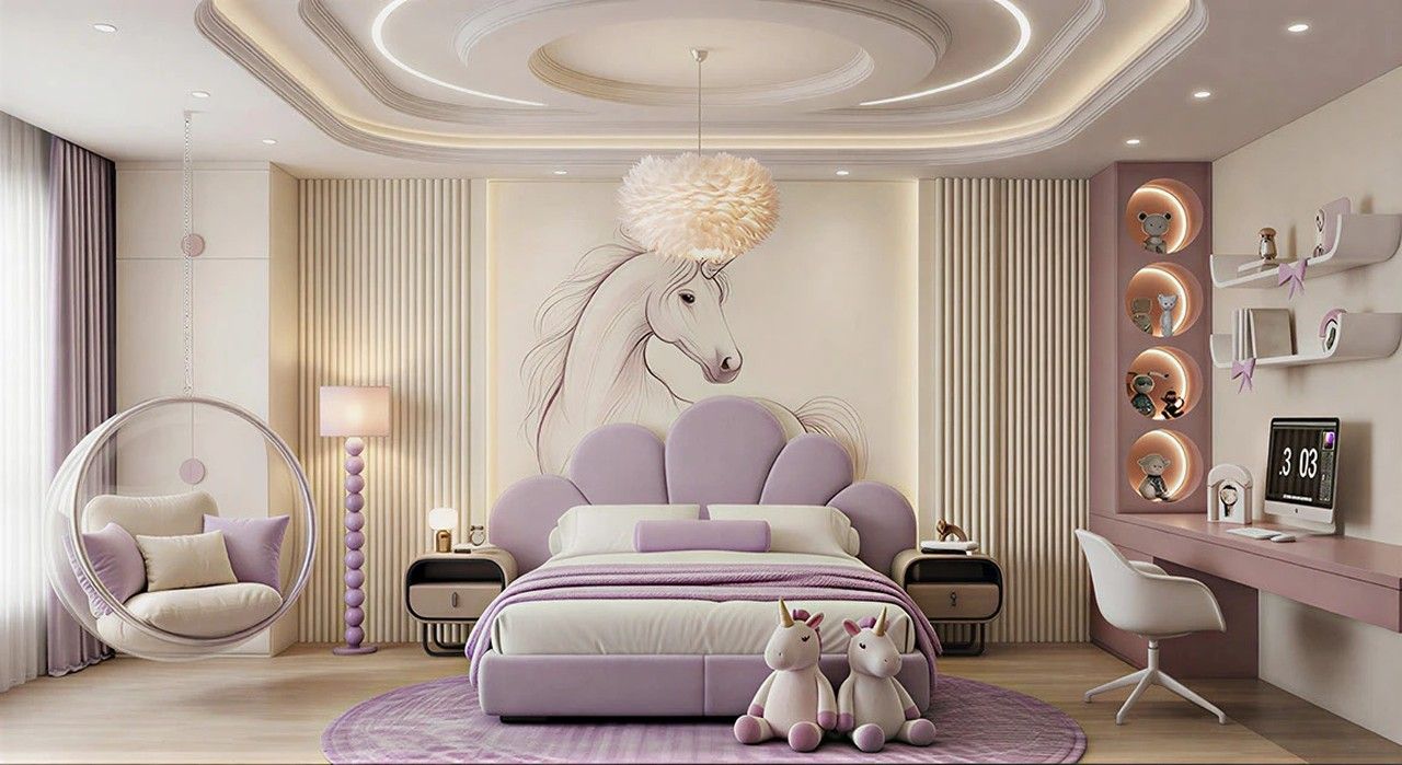 Mẫu thiết kế phòng ngủ công chúa phối sắc tím pastel cùng hệ đèn led lung linh tạo không gian mộng mơ cho bé.