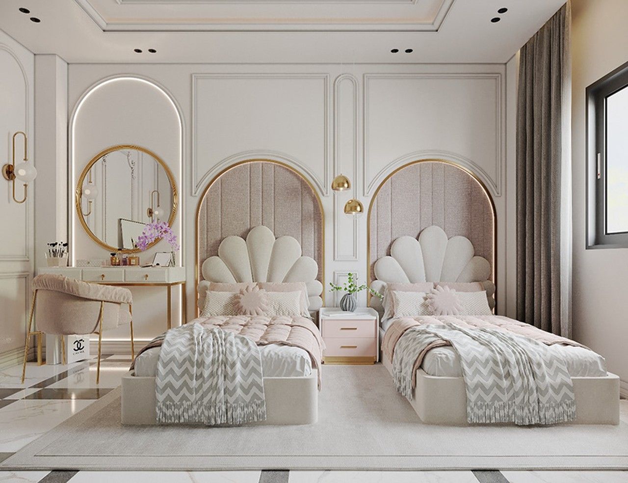 Mẫu phòng ngủ tân cổ điển sang trọng với đường phào chỉ tinh tế và nội thất mạ vàng đẳng cấp cho bé gái.